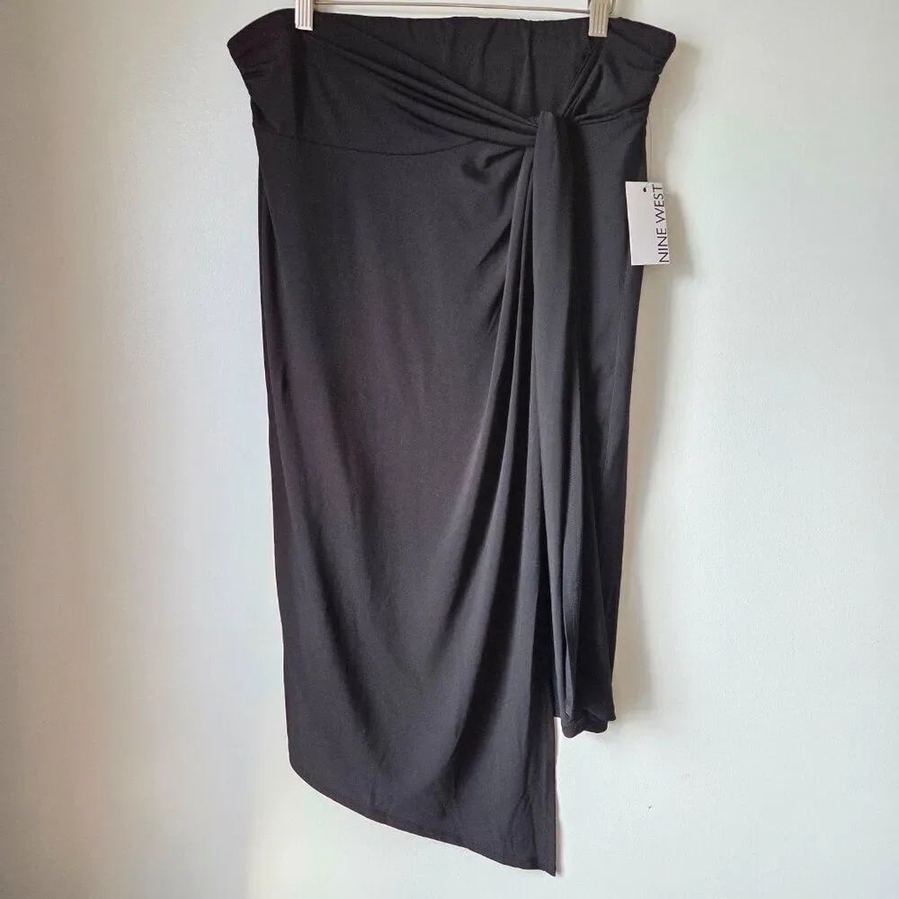 NWT NINE WEST BLACK WRAP / TIE STYLE MIDI SKIRT SIZE XL - Picture 1 of 16